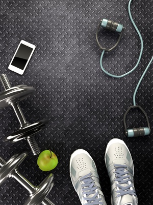 Fitness background with dumbbells and smartphone. View from above